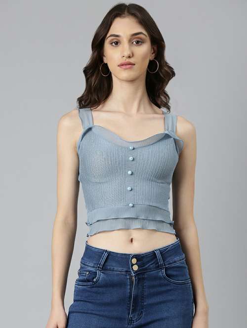 blue solid shoulder strap crop top - 20249458 - Very Small Image - 1