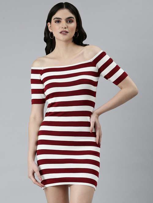 maroon & white striped off shoulder bodycon dress - 20249553 - Very Small Image - 1