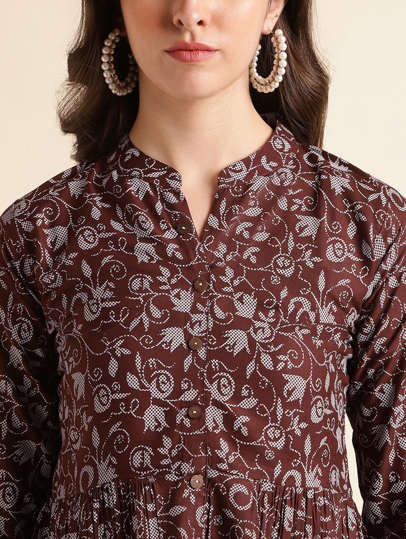 women brown mandarin neck a-line kurti - 20253135 - Standard Image - 4