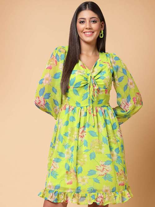 green floral print puff sleeves a-line dress - 20262043 - Very Small Image - 1