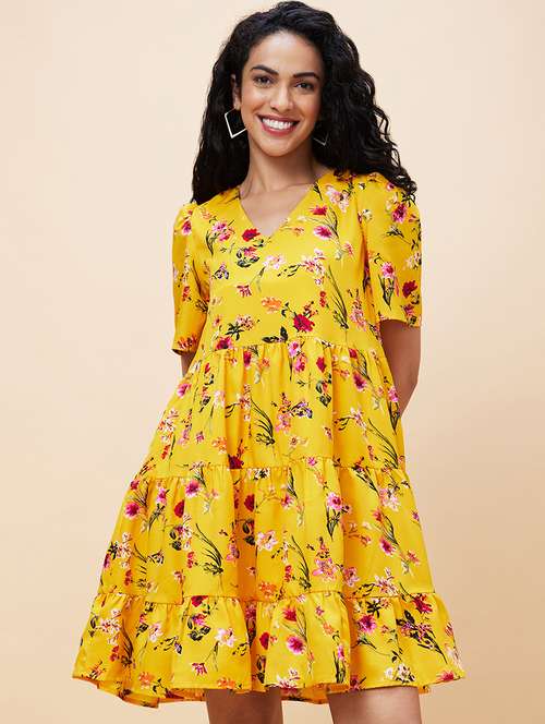 women yellow polyester tiered dress - 20301531 - Very Small Image - 1
