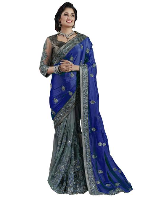 women's solid with work royal blue colored saree with blouse - 20305886 - Very Small Image - 1
