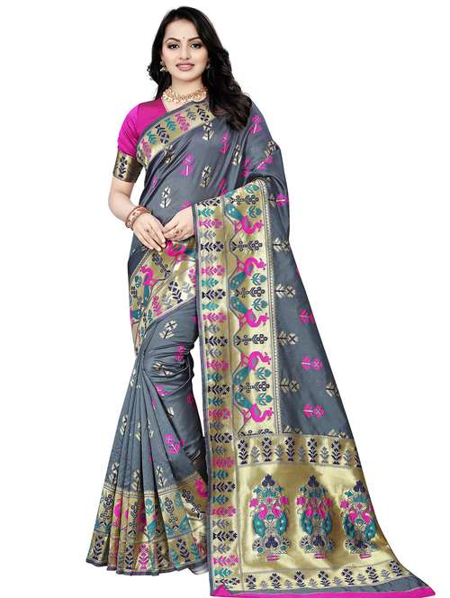 women's self design grey melange colored saree with blouse - 20306636 - Very Small Image - 1