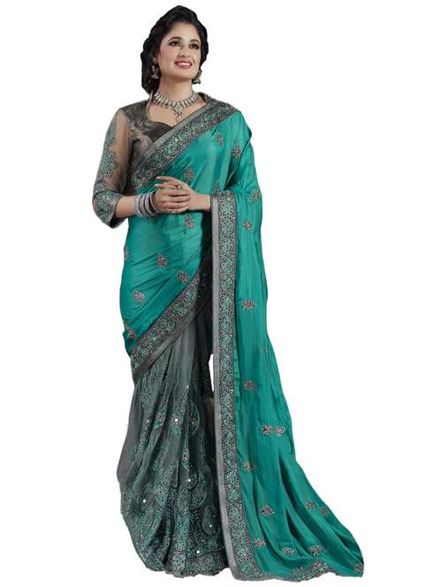 women's solid with work teal colored saree with blouse - 20307093 - Very Small Image - 1