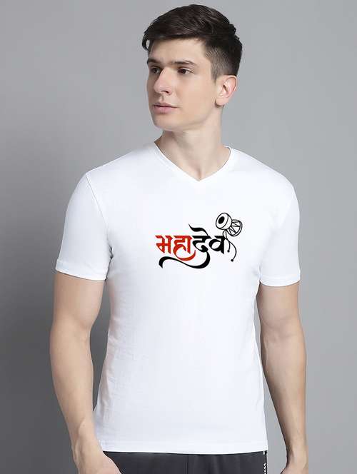 men typography print white v-neck cotton t-shirt - 20312264 - Very Small Image - 1