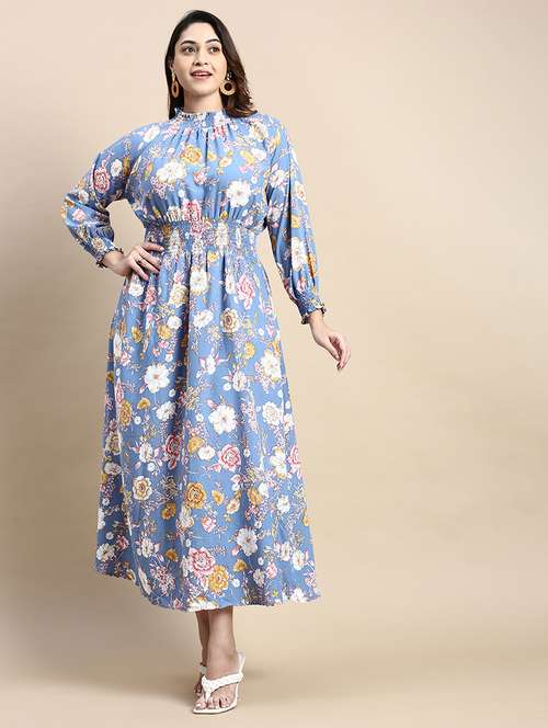 blue floral print mock neck fit & flare dress - 20325663 - Very Small Image - 1
