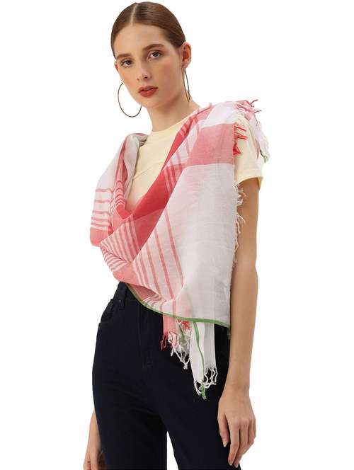 handwoven white with red stripes and green selvedge cotton scarf - 20376780 - Very Small Image - 1