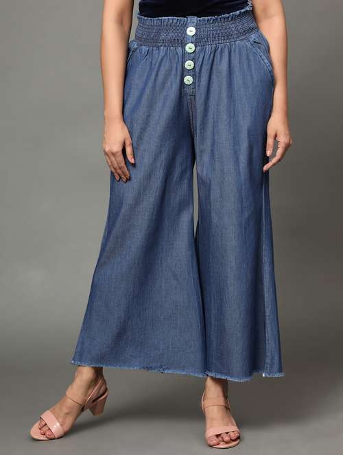 women blue solids denim palazzo - 20386843 - Very Small Image - 1
