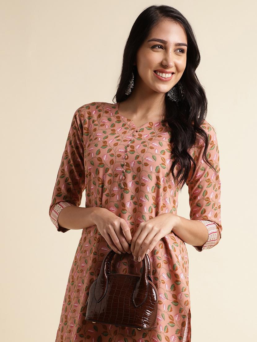 women peach notch neck kurta pant set - 20388942 - Zoom Image - 2