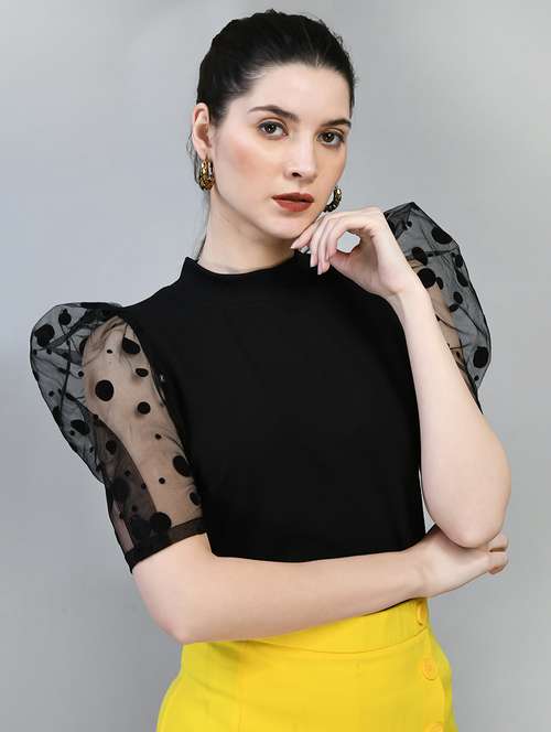 black solid puff sleeves regular top - 20394562 - Very Small Image - 1