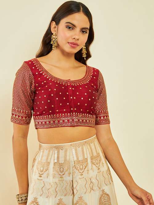 women maroon round neck stitched blouse - 20406970 - Very Small Image - 1