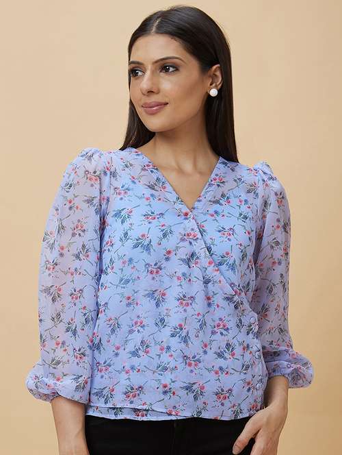 blue floral printed wrap top - 20410263 - Very Small Image - 1