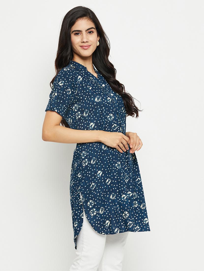 teal printed mandarin neck high low kurti - 20416046 - Zoom Image - 2