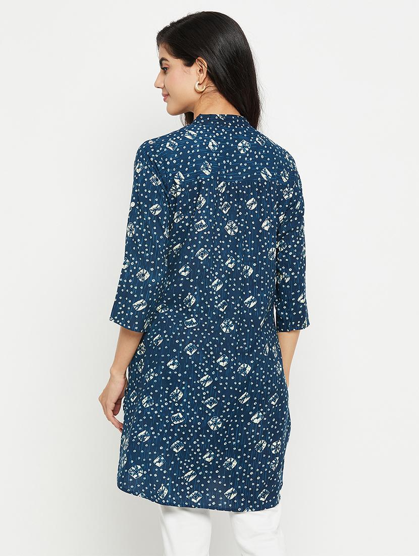 teal printed mandarin neck high low kurti - 20416046 - Zoom Image - 3