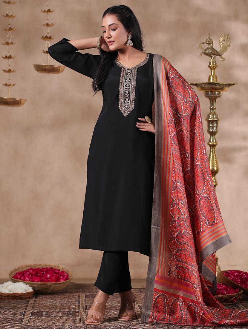 black three quarter sleeve kurta pant set - 20419129 -  Zoom Image - 0