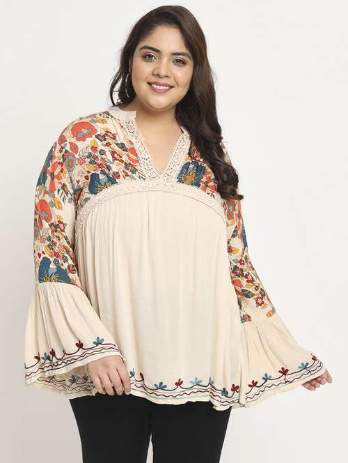beige floral print plus size tunic  - 20458031 - Very Small Image - 1