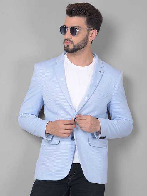 men self designed light blue polyester single breasted casual blazer - 20478711 - Very Small Image - 1