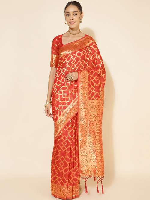 women's self design red colored saree with blouse - 20500955 - Very Small Image - 1
