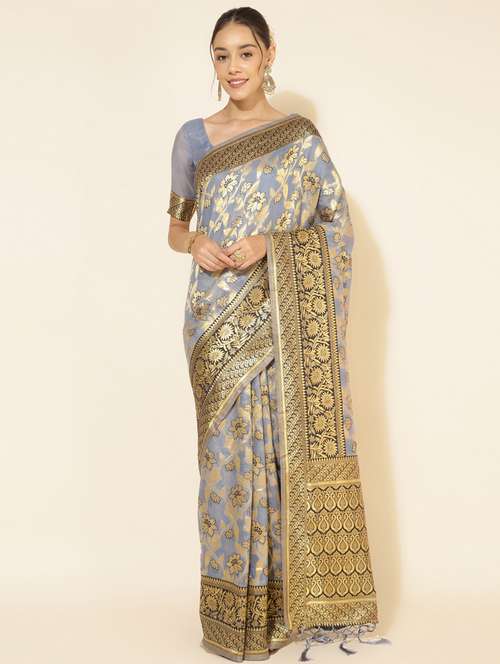 women's self design grey colored saree with blouse - 20500956 - Very Small Image - 1