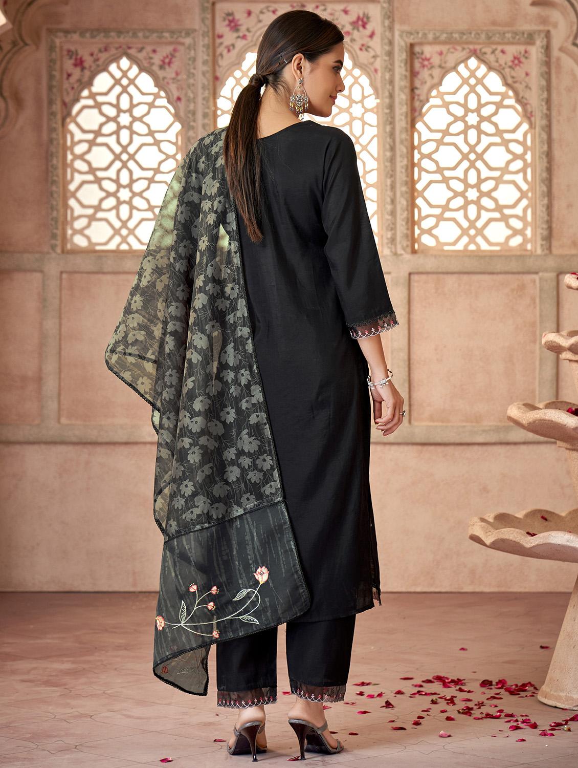 women black notch neck kurta pant set with dupatta - 20542119 - Zoom Image - 3