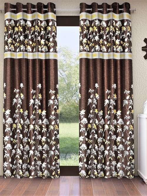home sizzler 2 piece flower border panel eyelet polyester brown door curtains - 20553496 - Very Small Image - 1