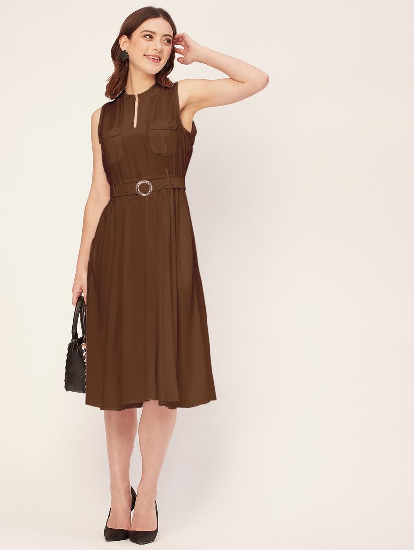 women solid mandarin neck belted dress - 20555414 - Zoom Image - 4