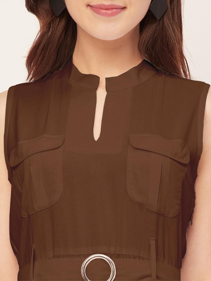 women solid mandarin neck belted dress - 20555414 - Zoom Image - 5