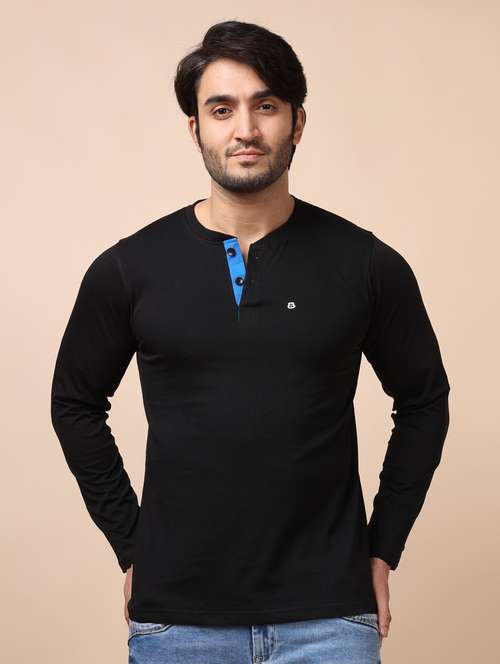 men black plain henley neck t-shirt - 20601596 - Very Small Image - 1