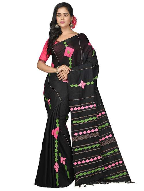women black applique work handloom saree with blouse - 20614221 - Very Small Image - 1