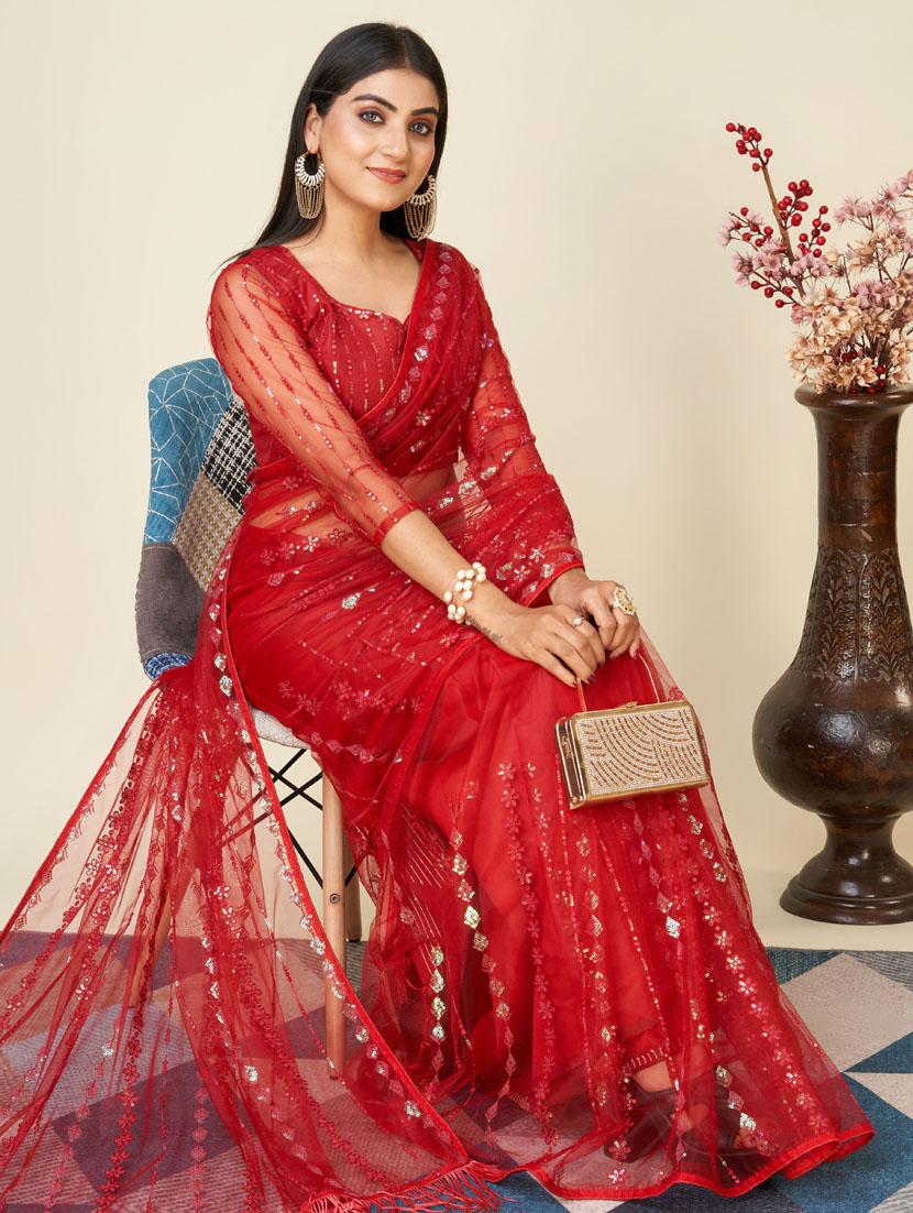 women red sequin work embroidered net saree with blouse - 20615759 - Standard Image - 2
