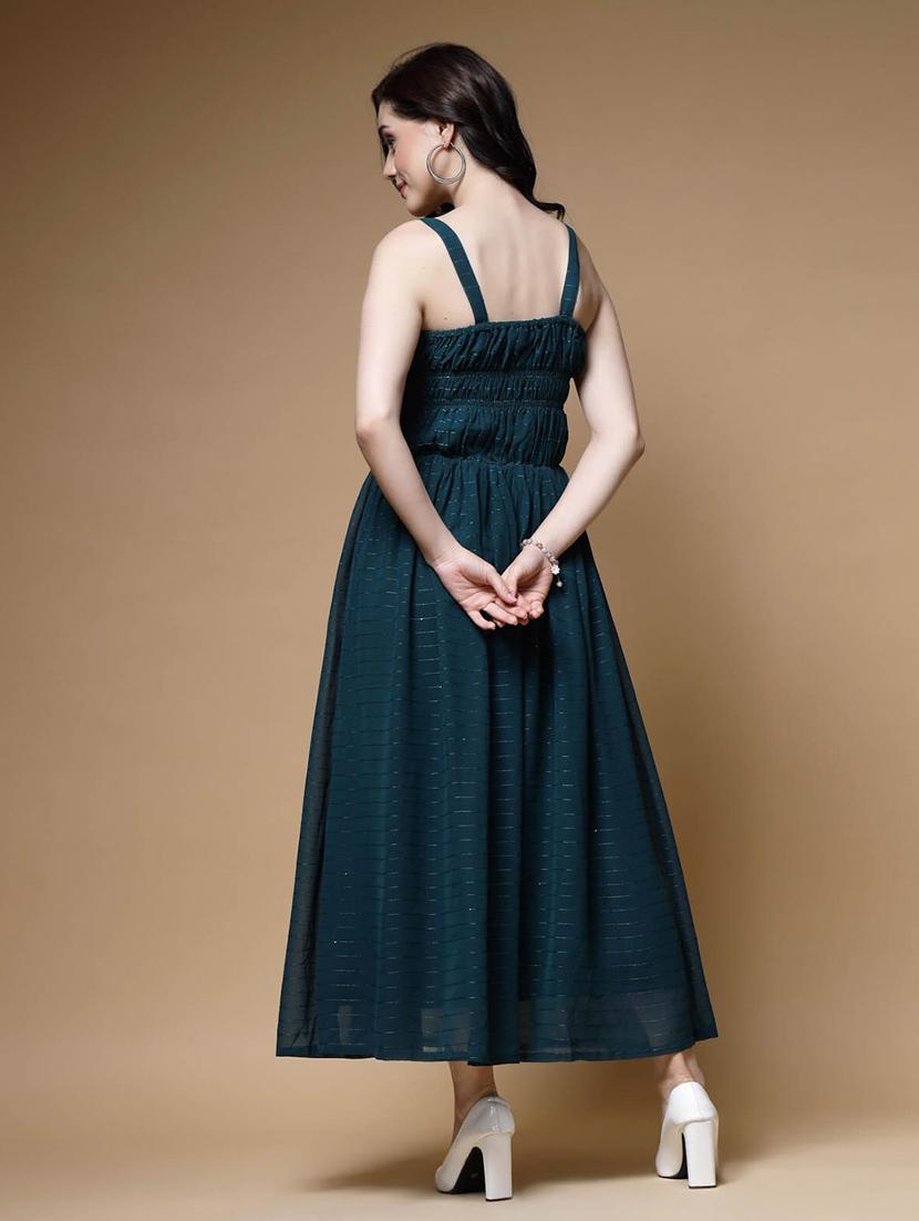 bottle green self design smocked maxi dress - 20644388 - Standard Image - 3