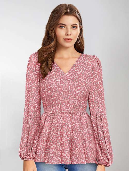 peach floral printed peplum top - 20644611 - Very Small Image - 1