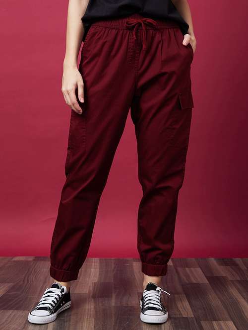 globus women rust red mid-rise elasticated drawstring waist cargo joggers - 20646072 - Very Small Image - 1