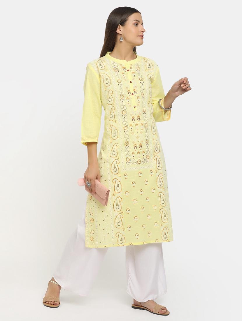 yellow three quarter sleeve straight kurta - 20685987 - Zoom Image - 2
