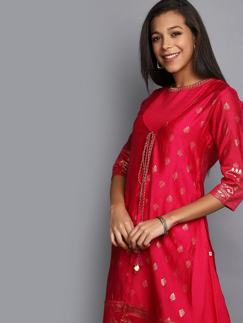 fuchsia three quarter sleeve layered kurta - 20686044 - Zoom Image - 4