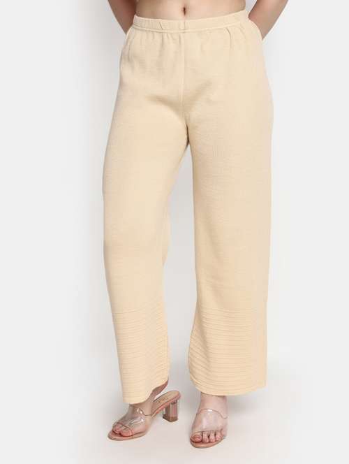 women beige self design wide leg trouser - 20686120 - Very Small Image - 1