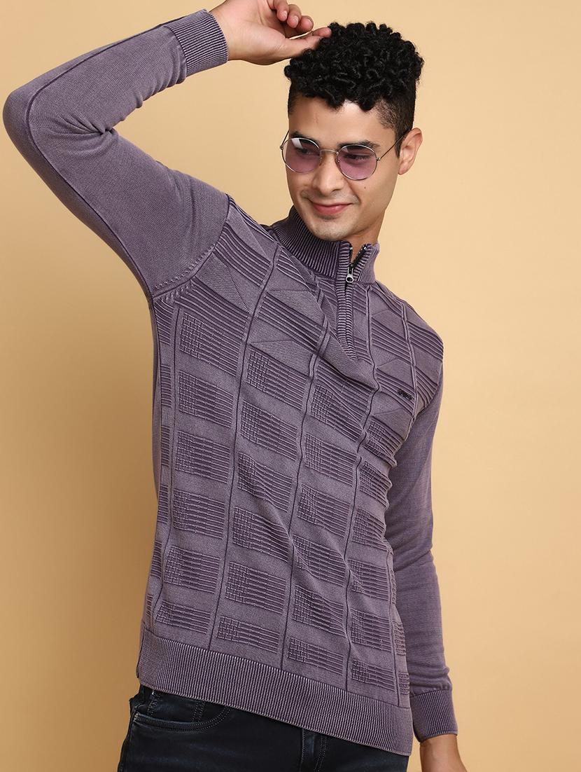 purple self design zip detailed pullover - 20686862 - Standard Image - 3