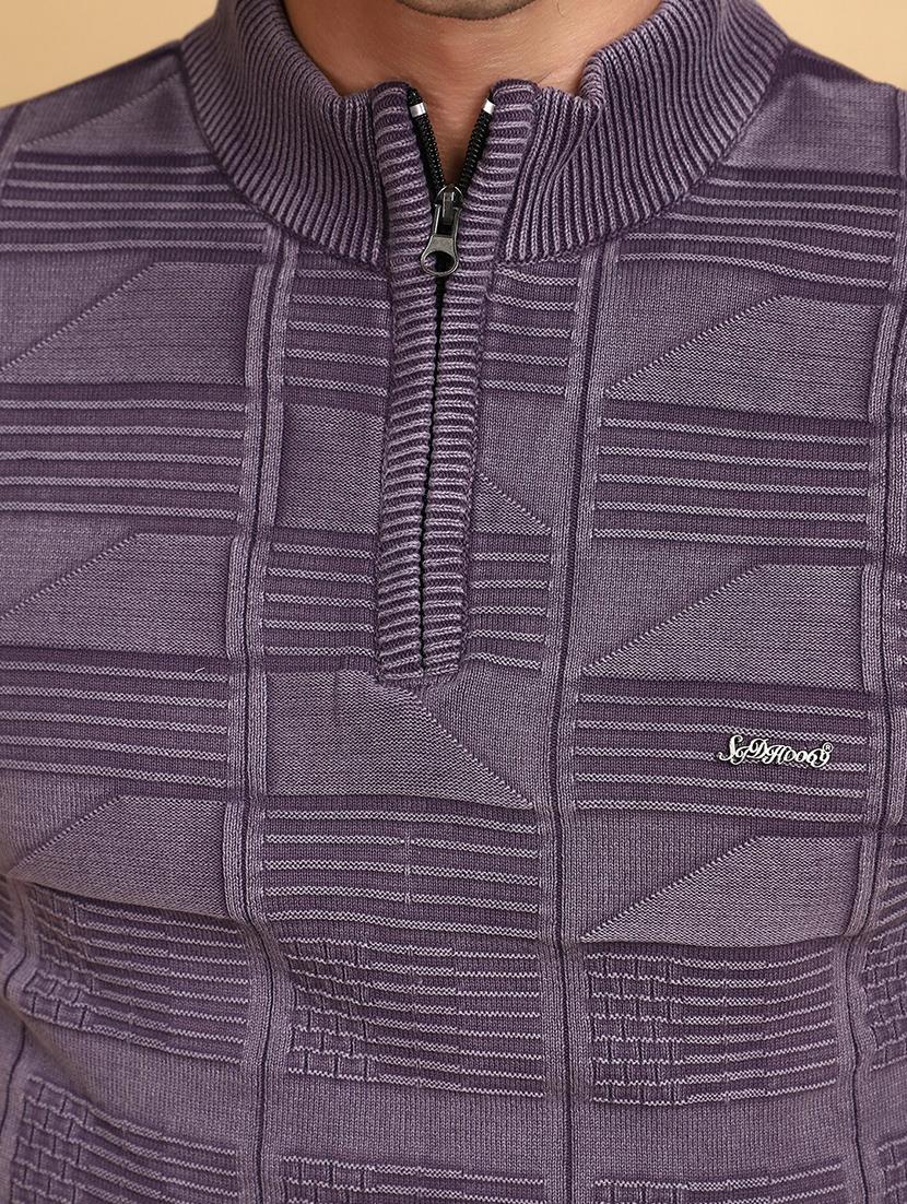 purple self design zip detailed pullover - 20686862 - Standard Image - 5