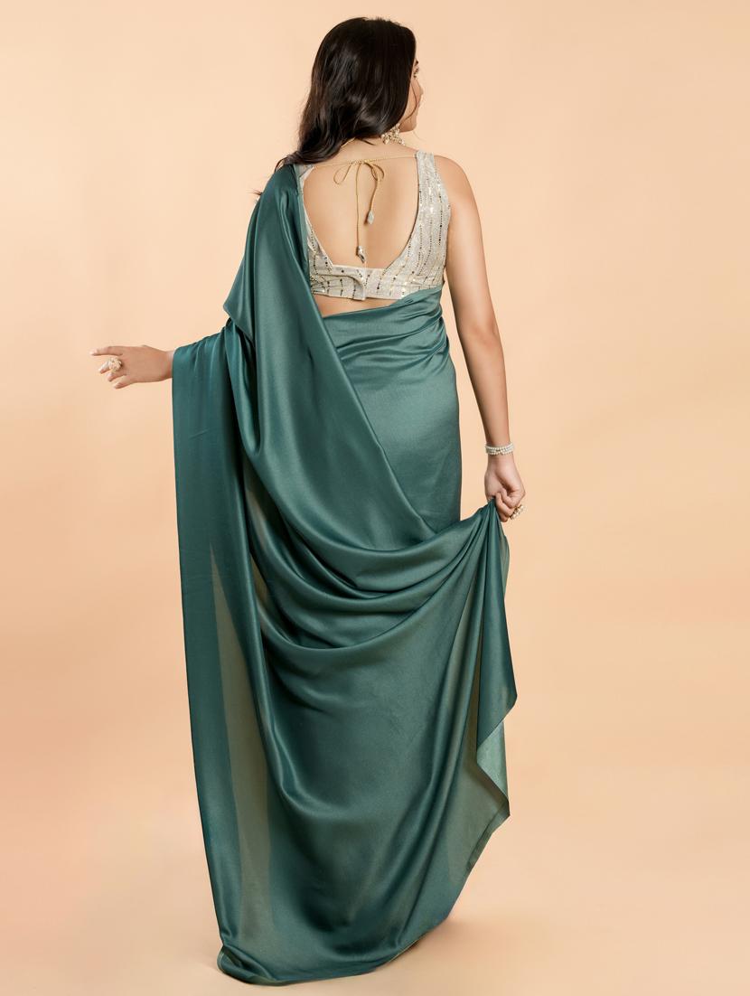 teal solid plain saree with blouse - 20757397 - Zoom Image - 2