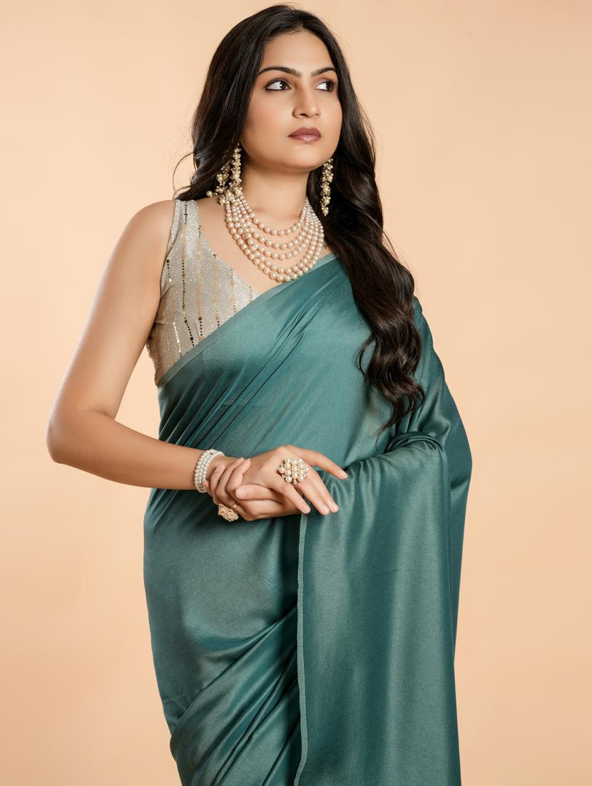 teal solid plain saree with blouse - 20757397 - Zoom Image - 3