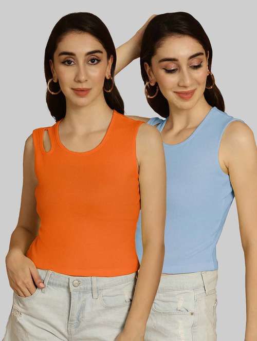 pack of 2 solid multi colored crop top - 20764633 - Very Small Image - 1