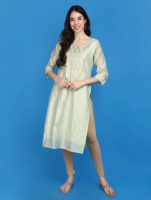 women green round neck straight kurta - 20767425 - Very Small Image - 1