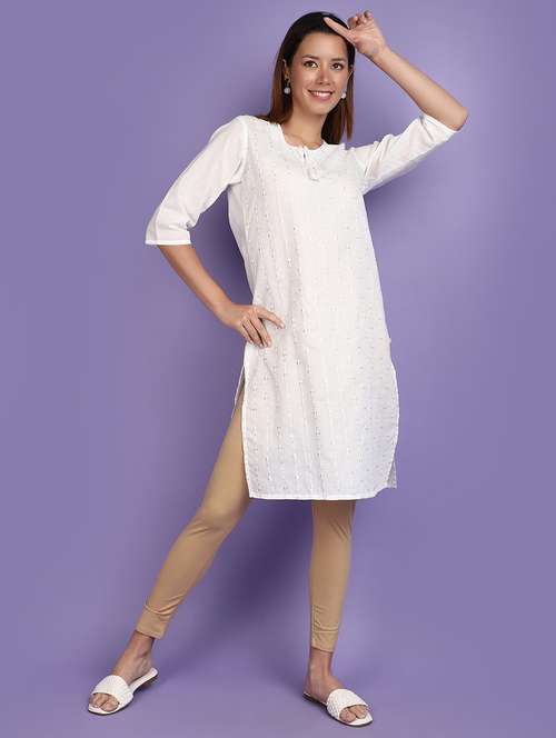 women white tie-up neck straight kurta - 20826455 - Very Small Image - 1