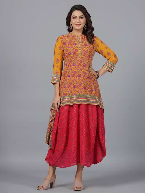 women yellow mandarin neck high low kurta - 20850442 - Very Small Image - 1