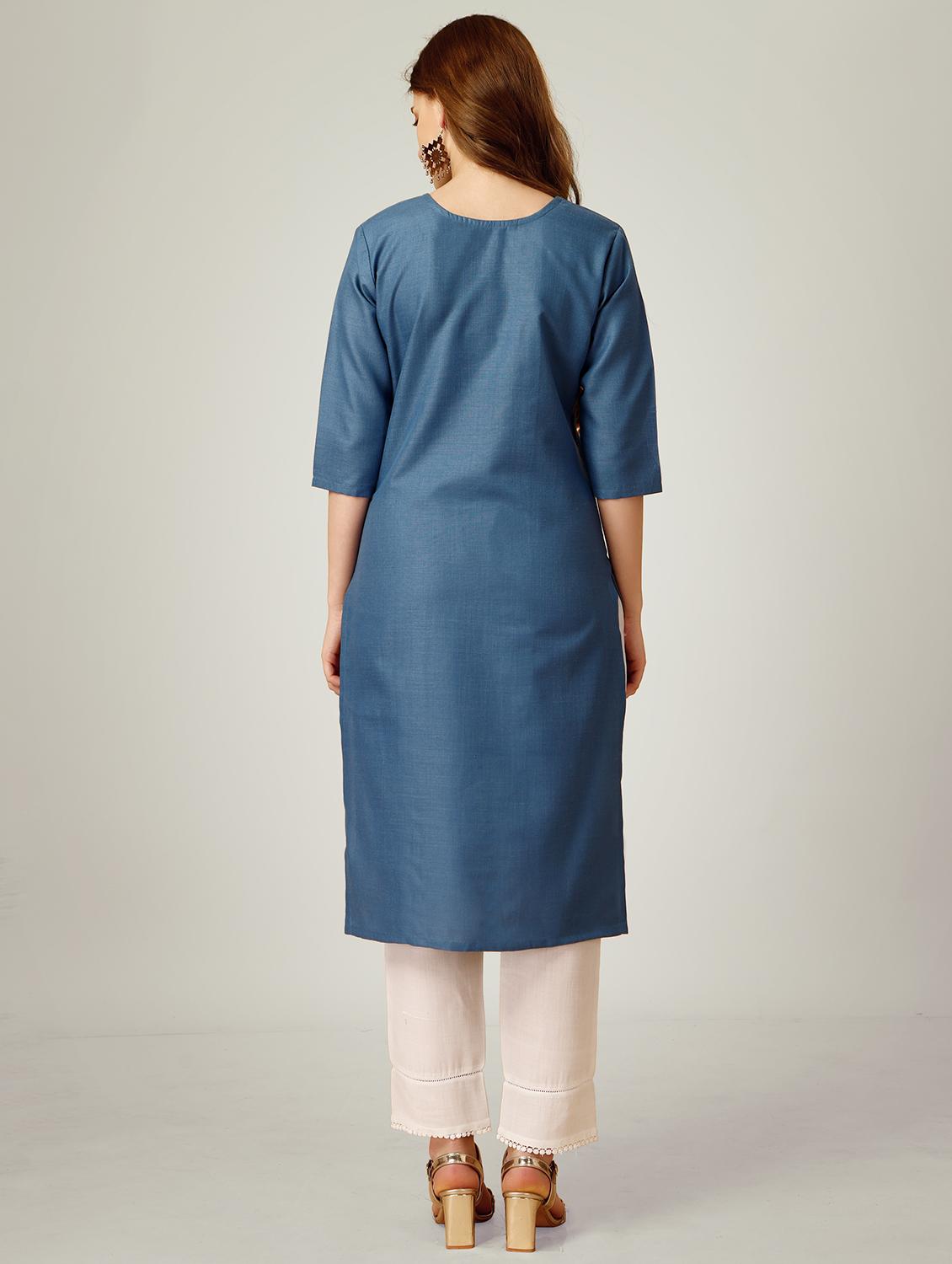 women blue round neck kurta pant set - 20878490 - Zoom Image - 2
