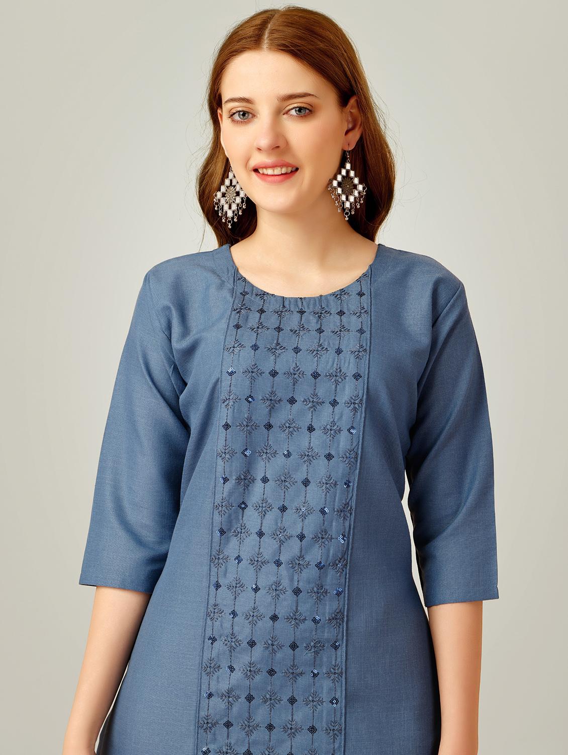 women blue round neck kurta pant set - 20878490 - Zoom Image - 5