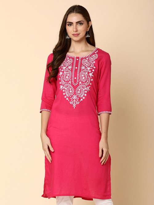 women pink round neck straight kurta - 20891078 - Very Small Image - 1