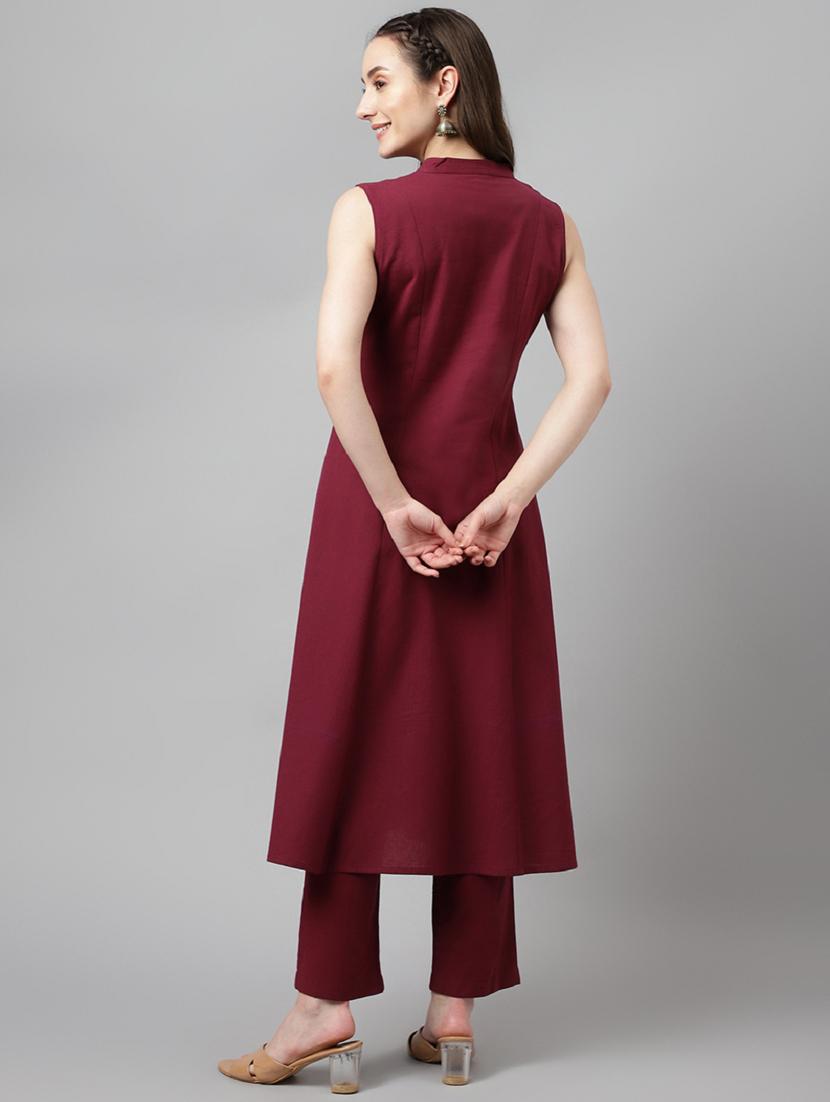 women maroon solid kurta pant set - 20895364 - Standard Image - 3