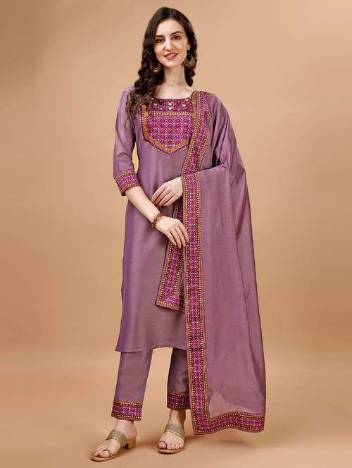 women mauve round neck kurta pant set with dupatta set - 20929893 - Very Small Image - 1