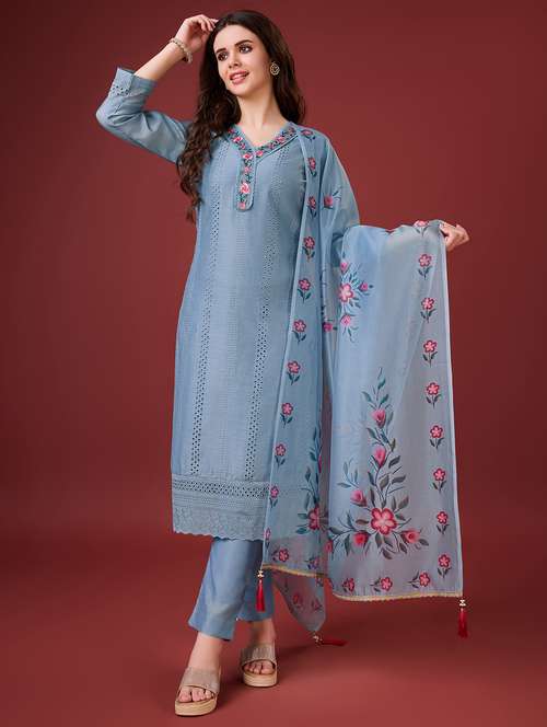 women three quarter sleeve kurta pant with dupatta set - 20929953 - Very Small Image - 1